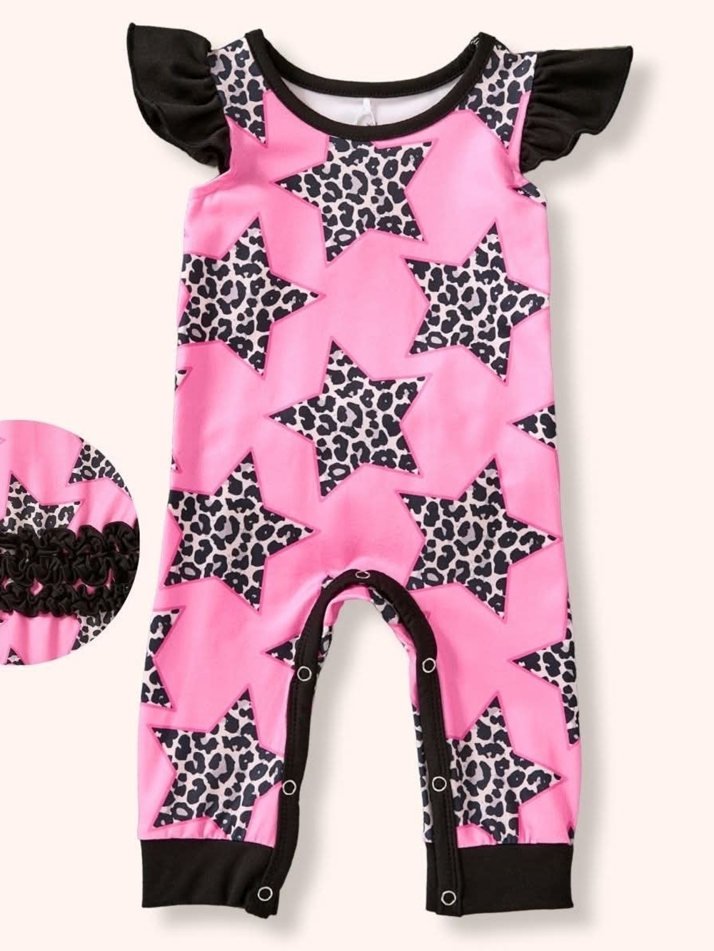 Girls Pink Star Leopard One-Piece Bodysuit with Ruffle Sleeves